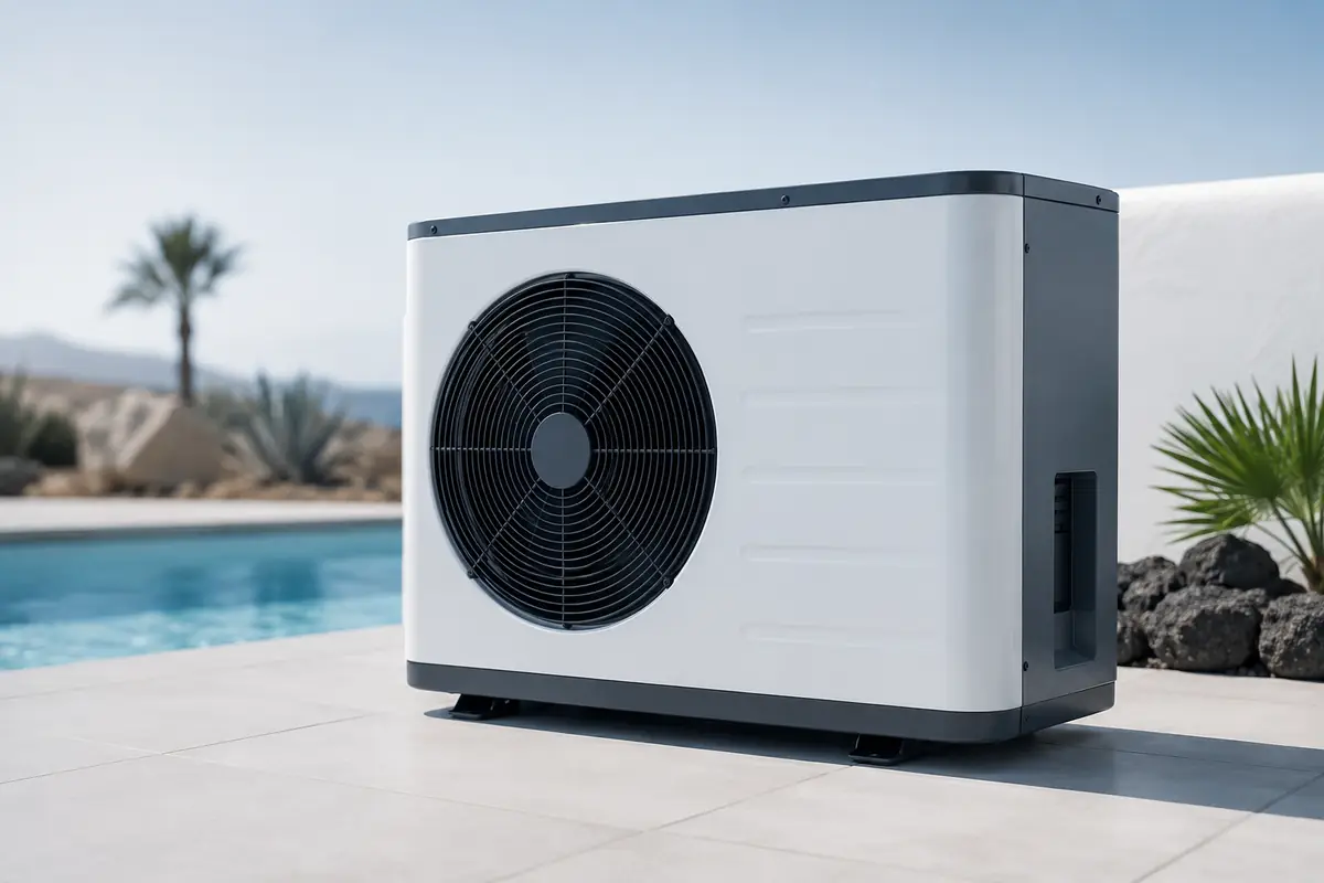 Bomba de calor para piscina instalada en una terraza junto al vaso