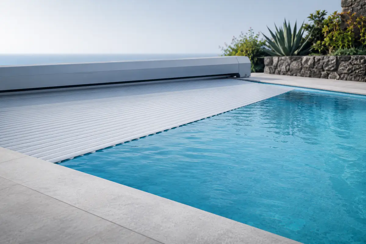 Cubierta automática de láminas desplegándose sobre la piscina