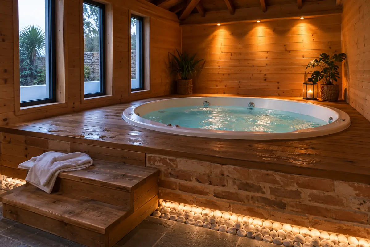 Spa de hidromasaje empotrado en una tarima de madera